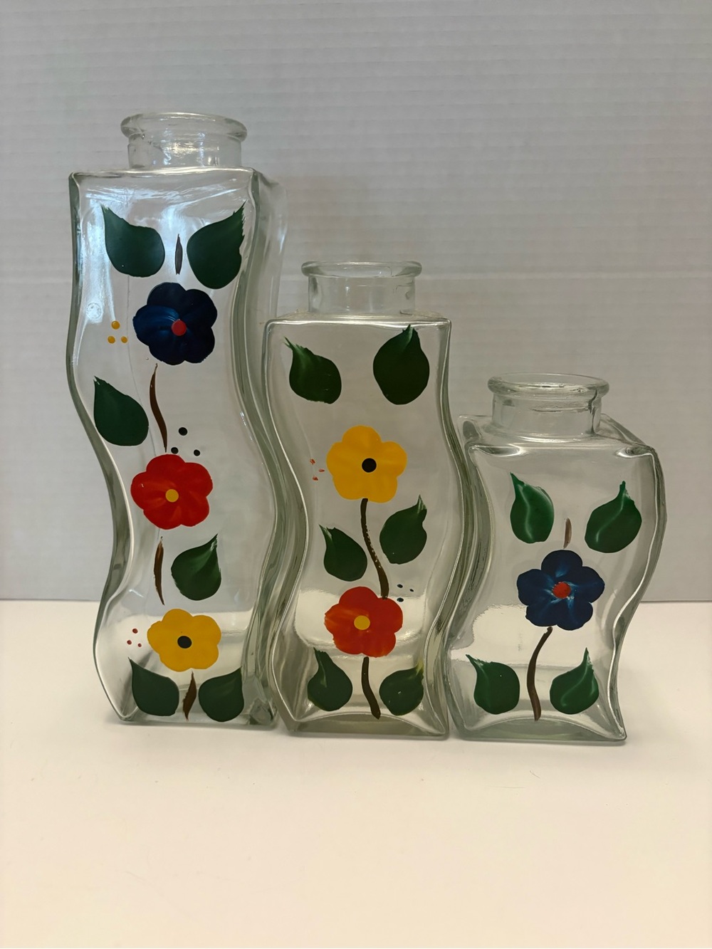 Vintage Hand-Painted Floral Wavy  Glass Vase Clear Glass Multicolored Flowers